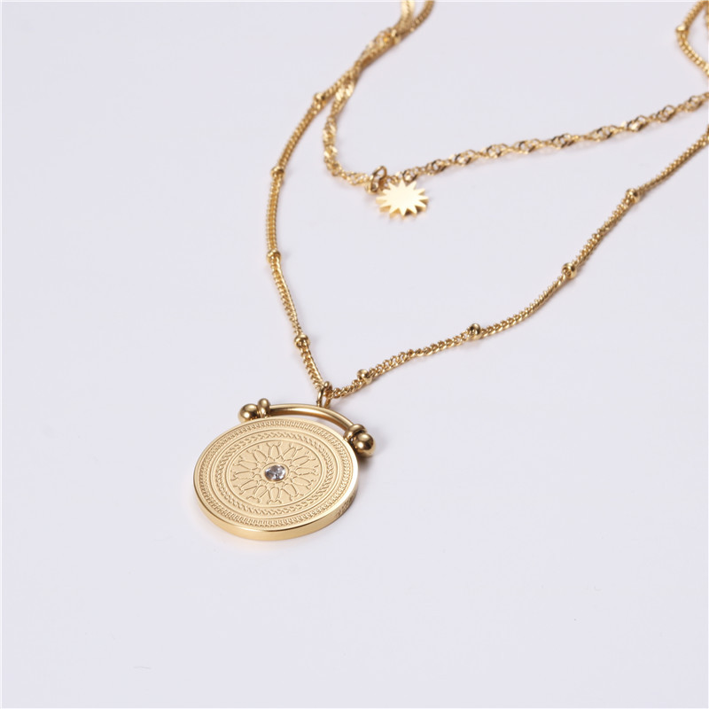 Trendy 18K PVD Gold Plated Stainless Steel Jewelry Elegant Tarnish Free Two Layers Coin Pendant Necklace for Women