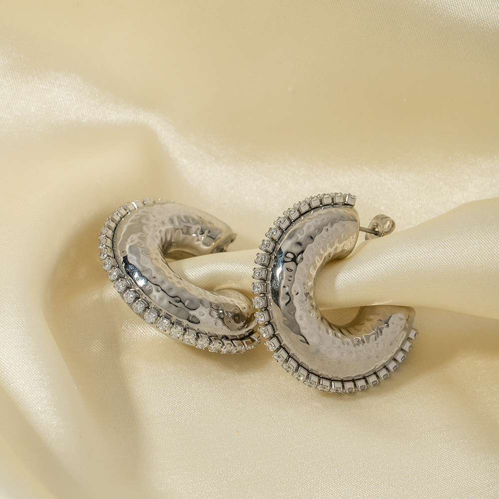 Fashion Jewelry 18K Gold Plated C Shaped Hoop Earrings Stainless Steel CZ Stud Earrings Wholesale