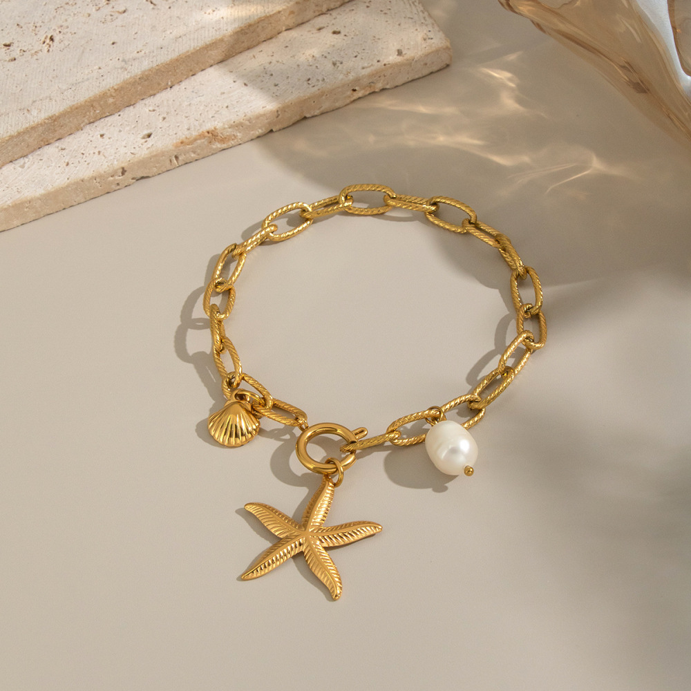 Popular Boho Ocean Beach Vacation Style 18K Gold Plated Non-Tarnish Starfish Shell Pearl Charms Stainless Steel Chain Bracelet