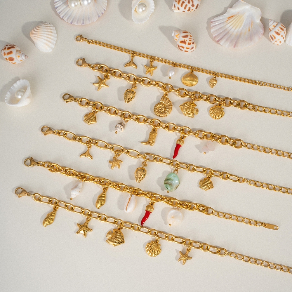 Hot Ocean Beach Vacation Style Gold Plated Waterproof Stainless Steel Shell Fish Conch Starfish Pendant Charms Bracelets Women