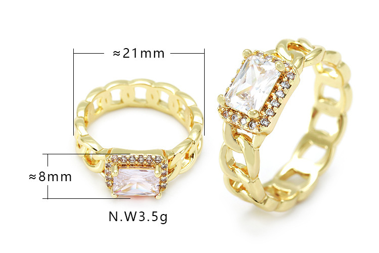 Fashion Jewelry Brass with 18K Gold Plated Link Chain Colorful Rectangle Shaped Zircon Rings for Women