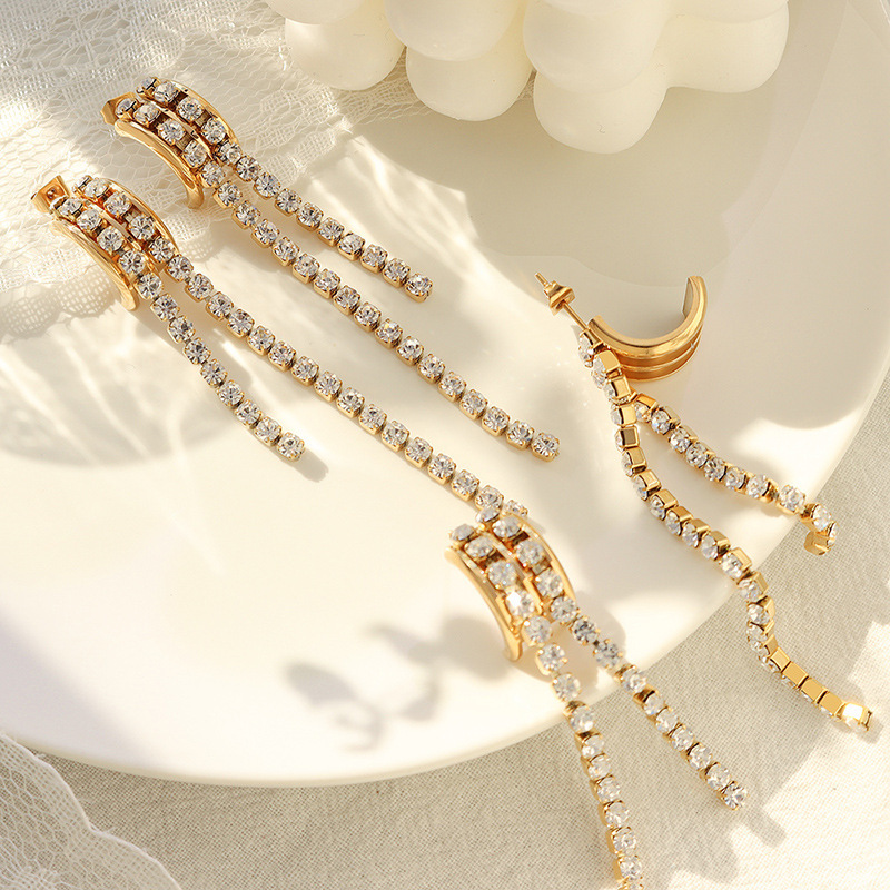 IVIAPRO Jewelry 18K Gold Plated Tarnish Free & Waterproof Long Luxury Clear Zircon Tassel Earrings Stainless Steel Jewelry