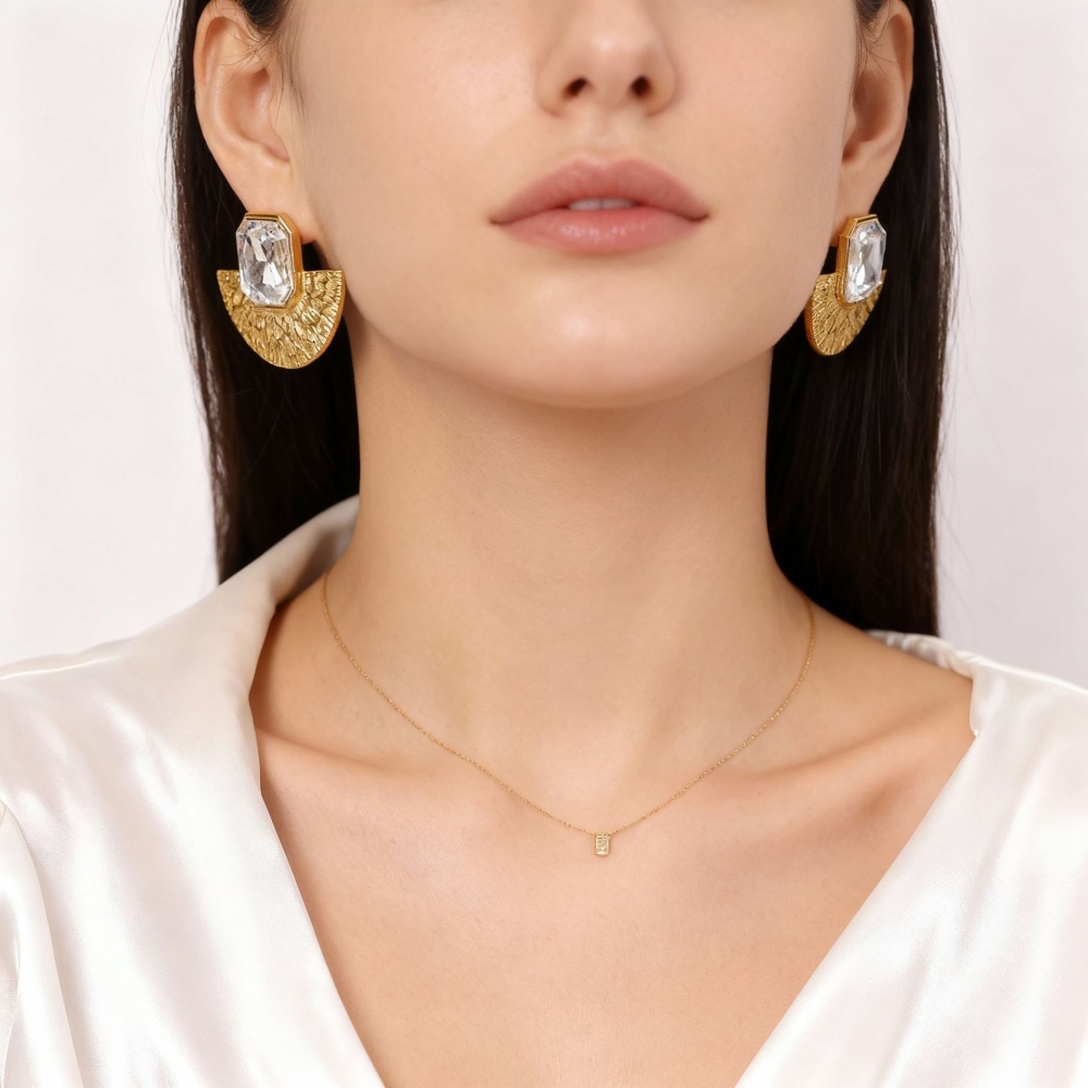New Design Fashion Jewelry Set Tarnish Free Stainless Steel Fan Shaped Stud Earrings Pendant Necklace Set for Women