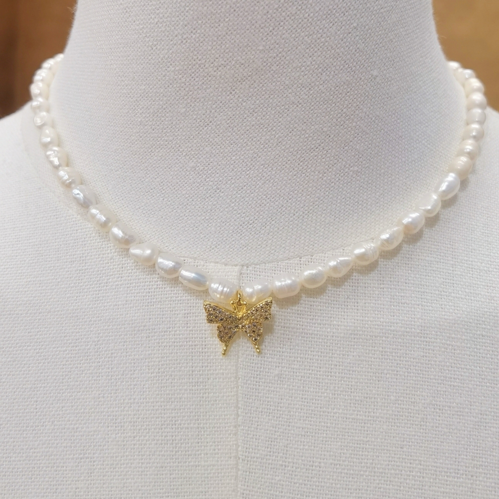 IVIAPRO Jewelry Elegant 18K Gold Plated Cubic Zircon Butterfly Water Drop Pendant Freshwater Pearl Choker Necklace for Women