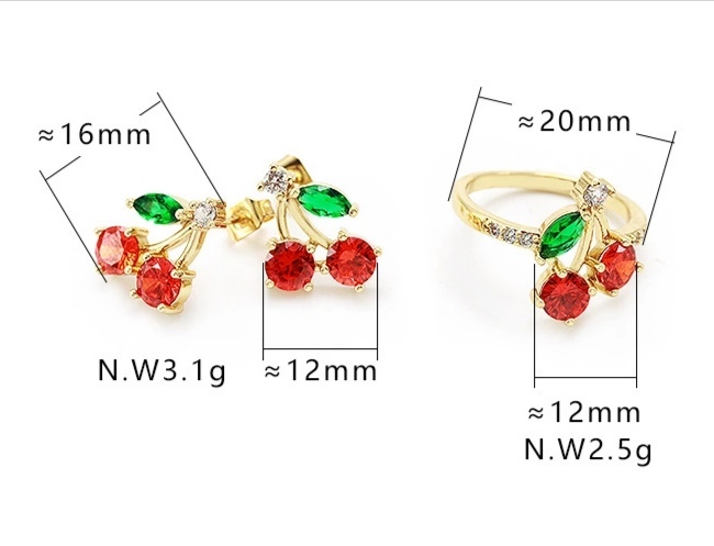 Fashion Jewelry Brass with 18K Gold Plated Cubic Zircon Cherry Rings Fruit Jewelry for Girls