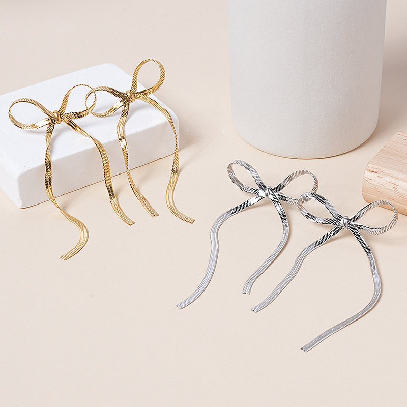 Hot 18K Gold Plated Tarnish Free Stainless Steel Snake Chain Drop Earring Long Butterfly Knot Bow Tassel Earrings for Girls