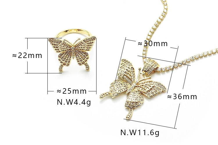 Fashion Jewelry Luxury 18K Gold Plated Cubic Zircon Butterfly Pendant Tennis Chain Necklace for Women