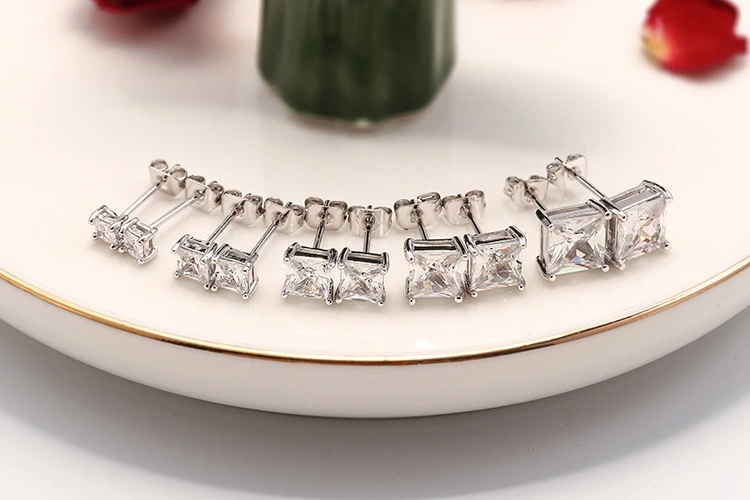 IVIAPRO Simple Stud Earrings Brass Jewelry 18K Gold Plated White Single Stone From 3mm To10mm square Stud Earrings