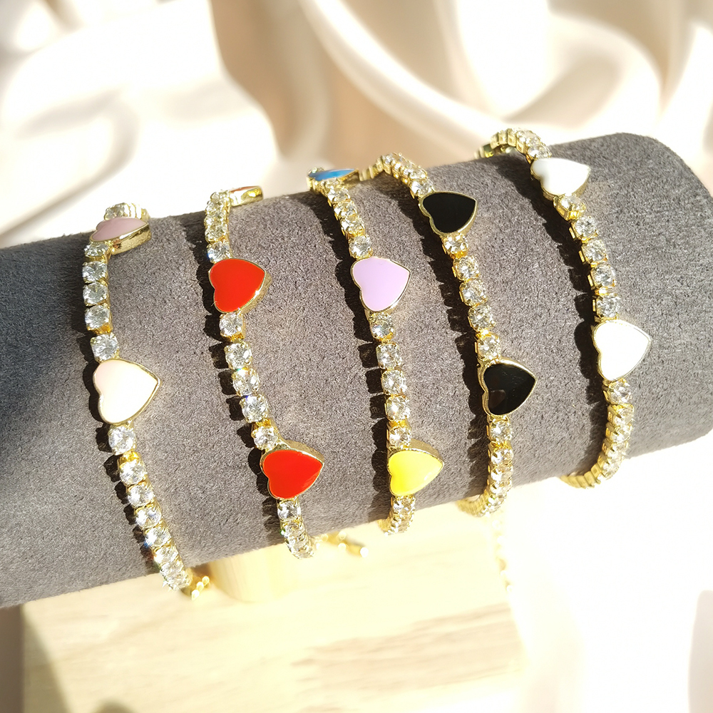 IVIAPRO Jewelry Brass 18K Gold Plated Zircon Tennis Chain Colorful Oil Drip Heart Bracelets