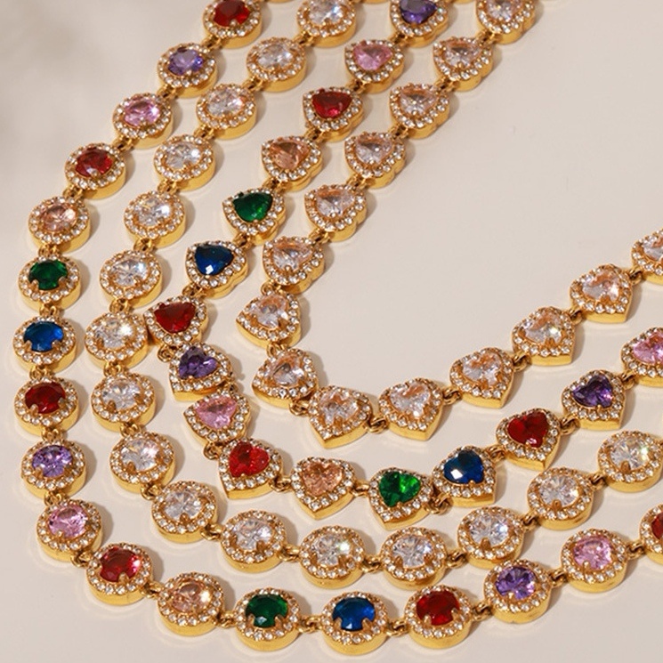 IVIAPRO Elegant Shining Heart CZ Colorful Cubic Zircon Tennis Chain Bracelets Necklaces Stainless Steel Tarnish Free Jewelry