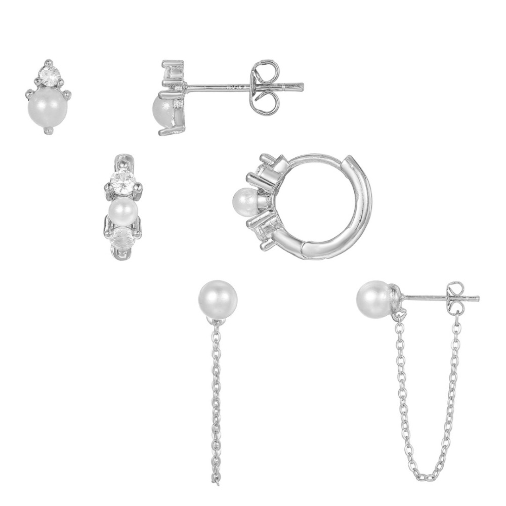 Fashion Jewelry Wholesale Simple Brass With 18K Gold Plated Cubic Zircon Stud Earrings Tiny Pearl Hoop Earrings Set for Women