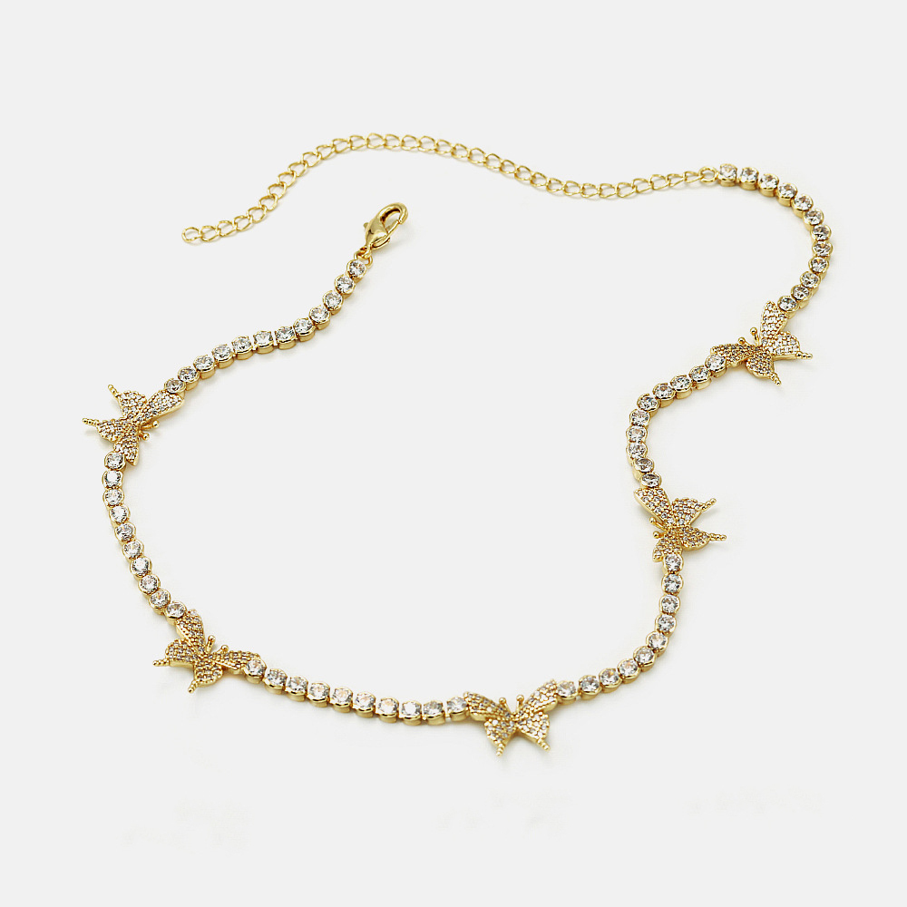 Fashion Jewelry Hot Selling 18K Gold Plated Tennis Chain Butterfly Choker Necklace for Women