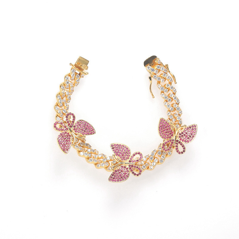 Fashion Jewelry Luxury Cuban Chain Three Butterfly Hip Hop Style CZ Bracelets for Women