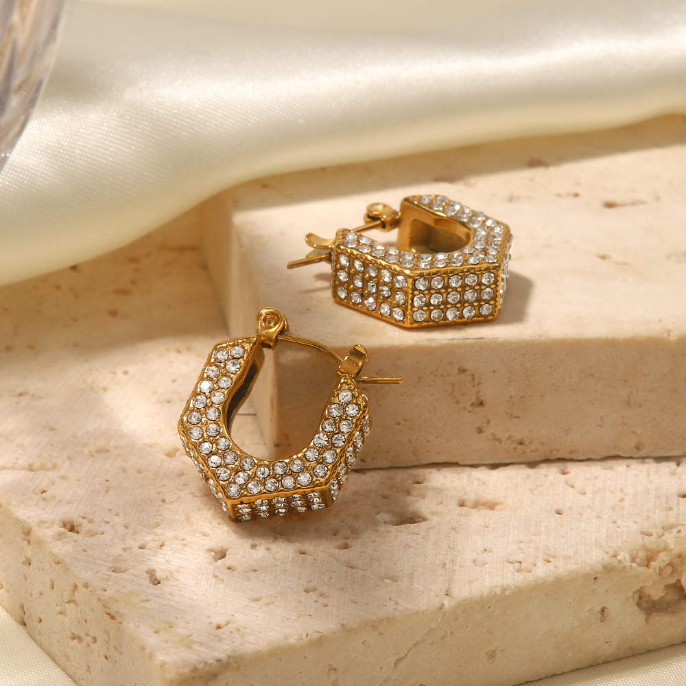 Trendy Personalized Tarnish Free & Waterproof Stainless Steel Gold Plated Cubic Zirconia U-shaped Hoop Earrings