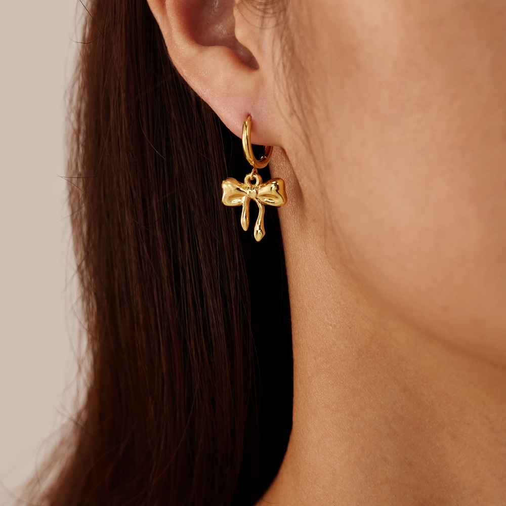 Fashion Stainless Steel Hoop Earring 18k Gold Plated Tarnish Free Sweet Bow Pendant Drop Earrings for Women Gift