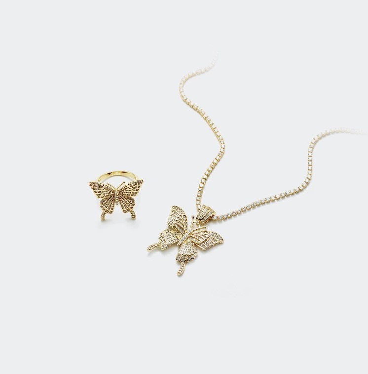 Fashion Jewelry Luxury 18K Gold Plated Cubic Zircon Butterfly Pendant Tennis Chain Necklace for Women