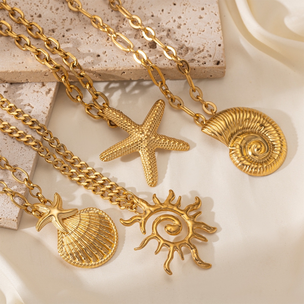 Hot Hoho 18K PVD Gold Plated Waterproof Stainless Steel Ocean Beach Style Chunky Starfish Shell Conch Sun Pendant Necklace Women