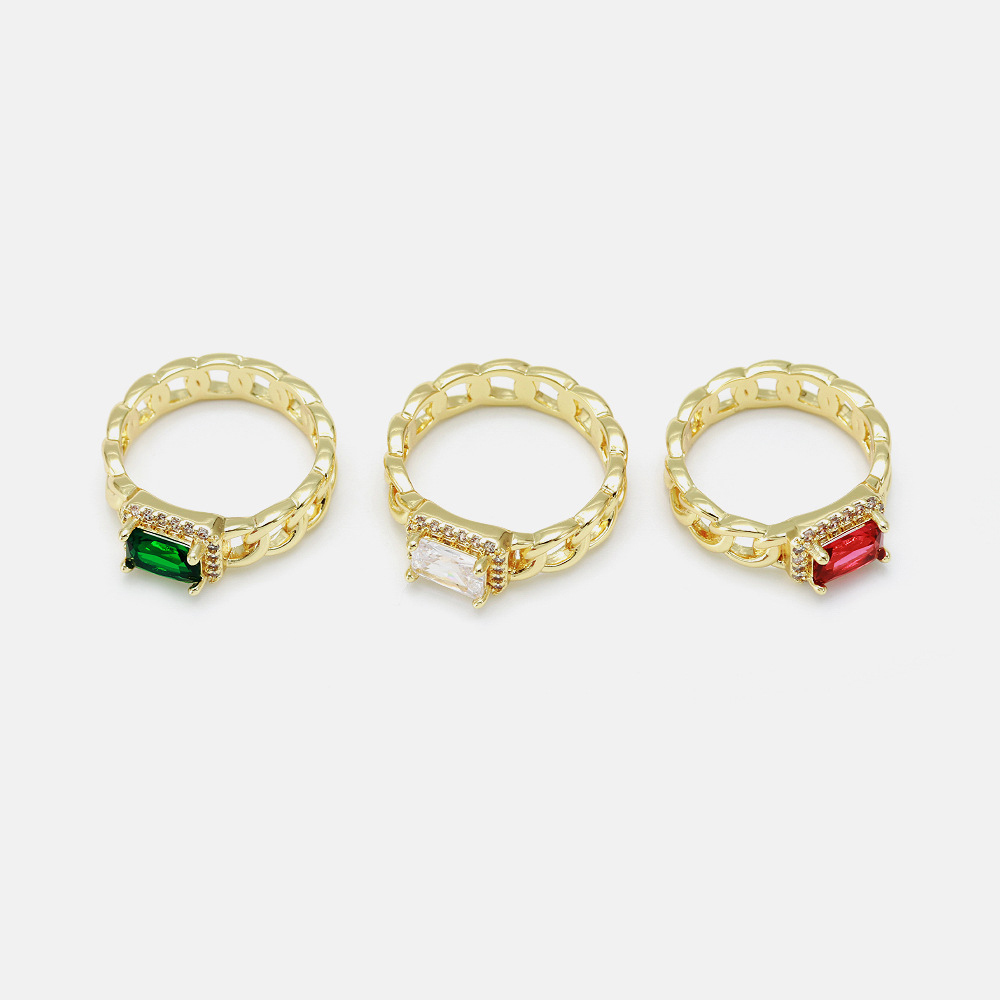 Fashion Jewelry Brass with 18K Gold Plated Link Chain Colorful Rectangle Shaped Zircon Rings for Women