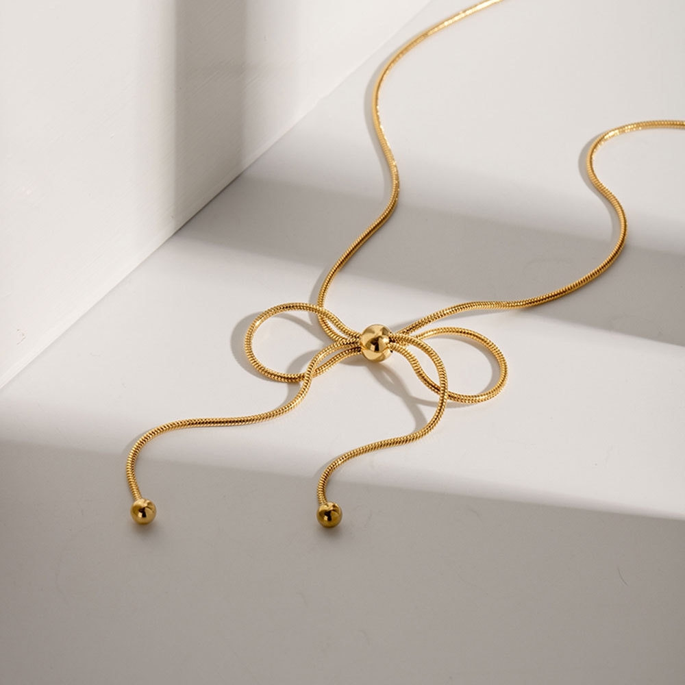Hot Selling 18K Gold Plated Water Resistant Stainless Steel Round Snake Chain Bow Knot Choker Necklace