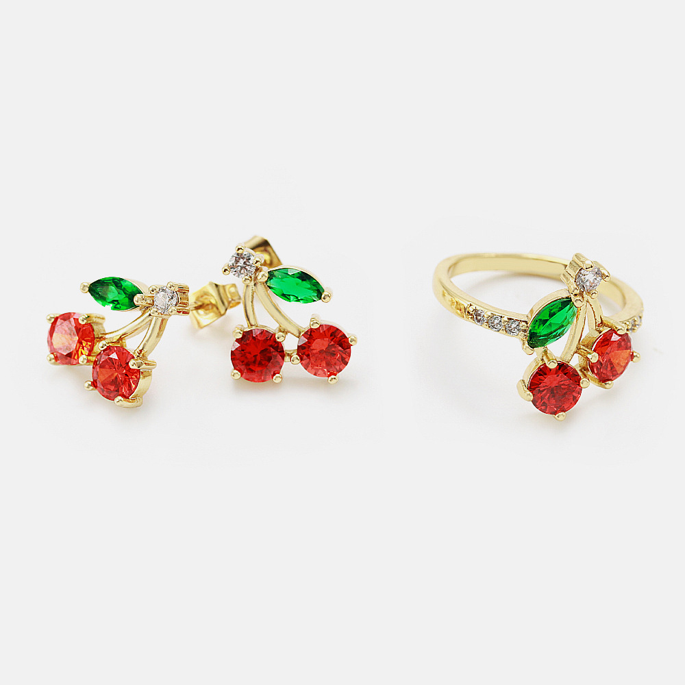 Fashion Jewelry Brass with 18K Gold Plated Cubic Zircon Cherry Rings Fruit Jewelry for Girls