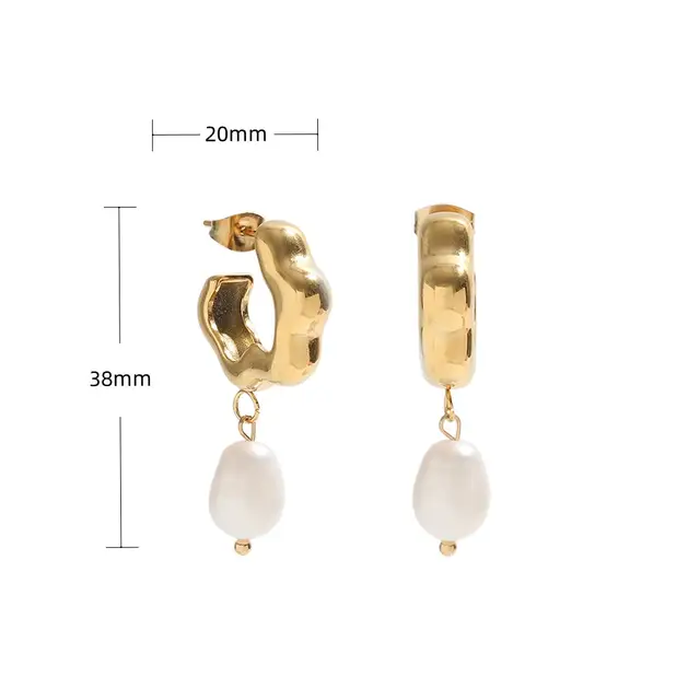 Fashion 18K Gold Plated Tarnish Free Flower Shape Natural Freshwater Pearl Drop Earrings Stainless Steel Jewelry for Women