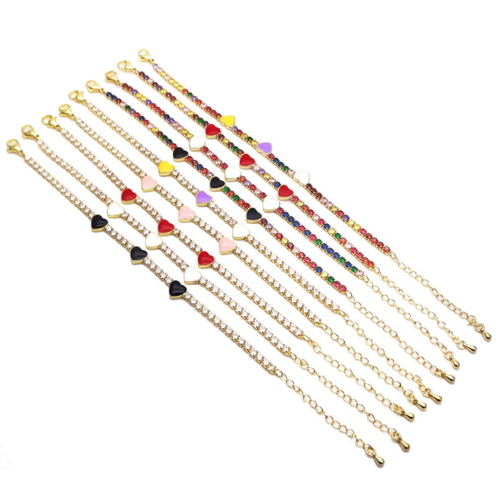 IVIAPRO Jewelry Brass 18K Gold Plated Zircon Tennis Chain Colorful Oil Drip Heart Bracelets