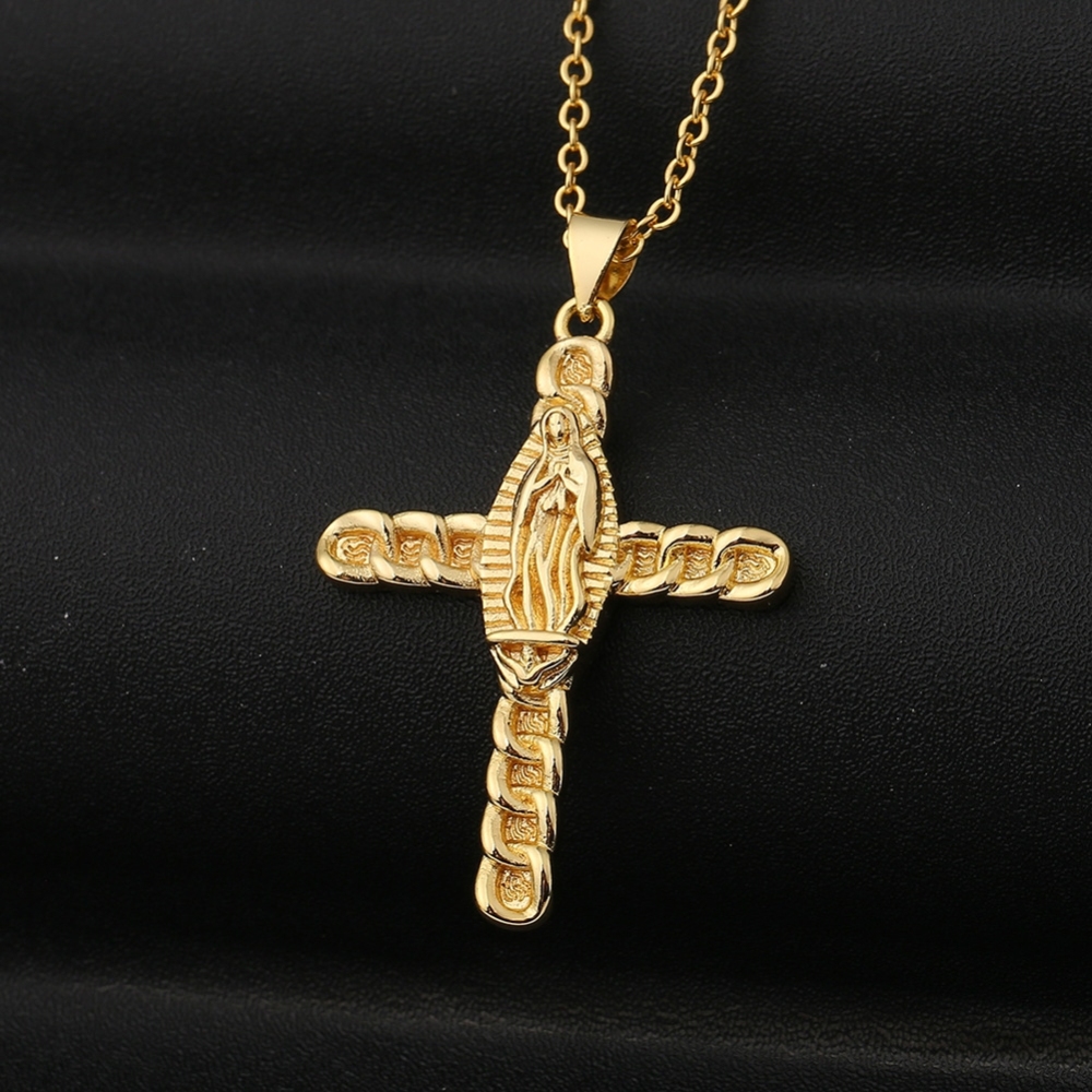 Fashion Jewelry Wholesale Brass with 18K Gold Plated Cubic Zirconia Cross Pendant Necklace Hip Hop Jewelry Virgin Mary Necklace