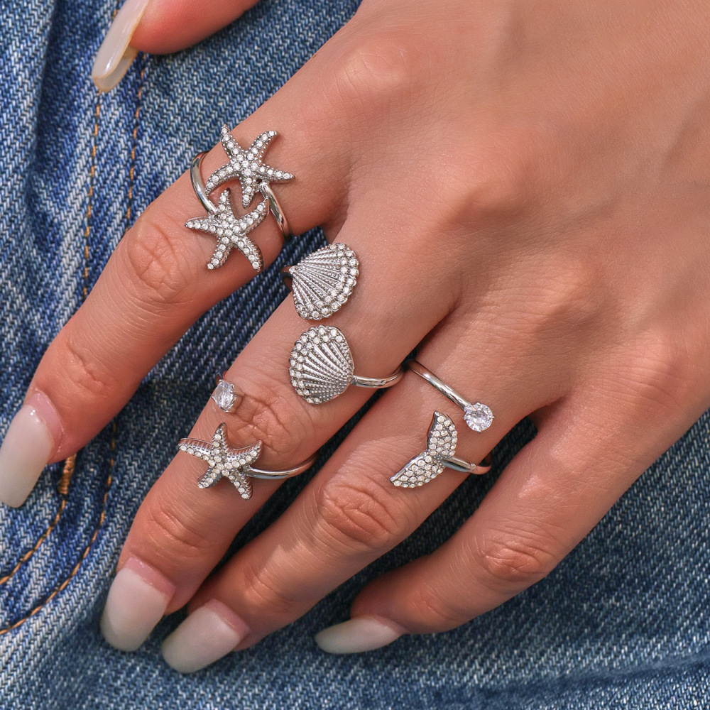Hot Ocean Beach Vacation Style 18K Gold Plated Zirconia Starfish Shell Fish Tail Open Rings for Women Stainless Steel Jewelry