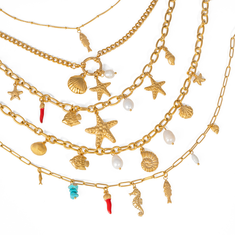 Hot Ocean Beach Vacation Style Gold Plated Waterproof Stainless Steel Shell Fish Conch Starfish Pendant Charms Necklace Women
