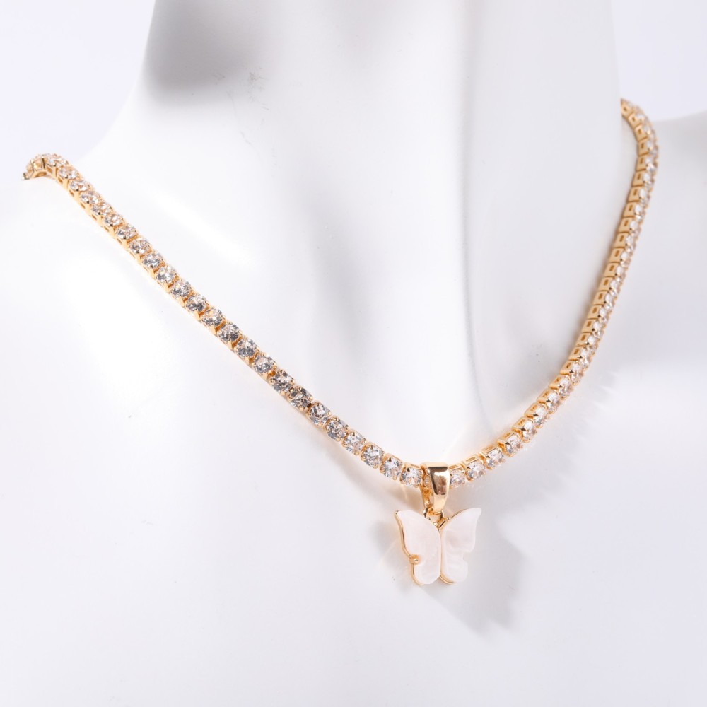 IVIAPRO New Trendy 18K Gold Plated Stainless Steel Cubic Zirconia Tennis Chain Butterfly Pendant Necklace for Women