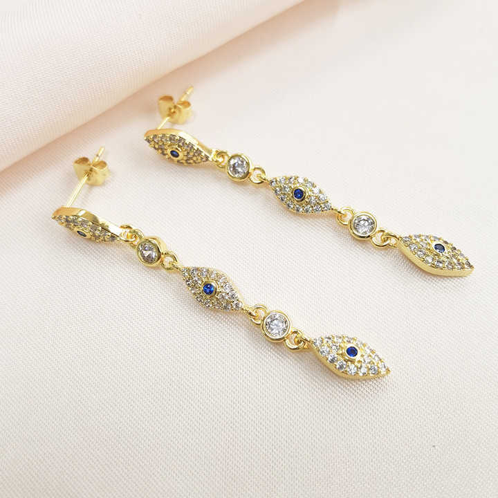 IVIAPRO Fashion Jewelry Elegant Brass with 18K Gold Plated Cubic Zircon Evil Eye Shaped Tassel Earrings for Women