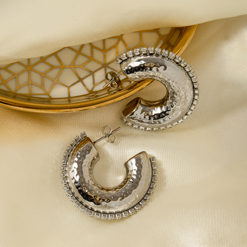 Fashion Jewelry 18K Gold Plated C Shaped Hoop Earrings Stainless Steel CZ Stud Earrings Wholesale