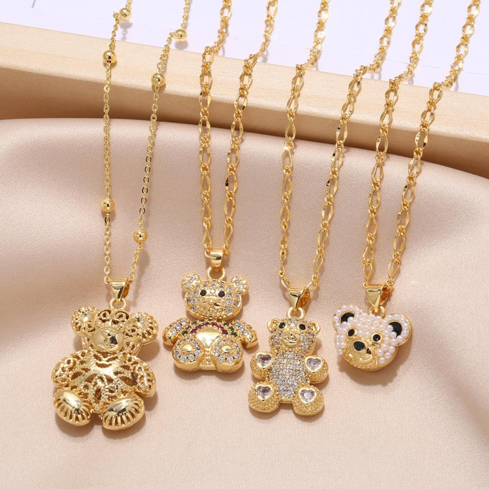 Fashion Jewelry Wholesale New 18K Plated Cubic Zircon Animal Jewelry Cute Bear Pendant Necklace for Girls