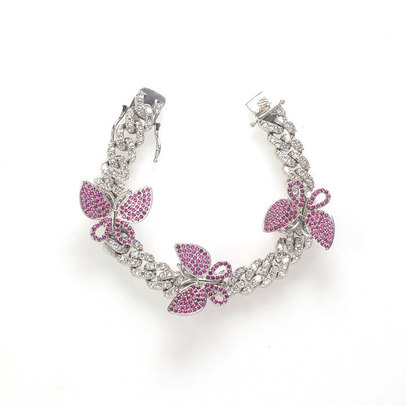 Fashion Jewelry Luxury Cuban Chain Three Butterfly Hip Hop Style CZ Bracelets for Women