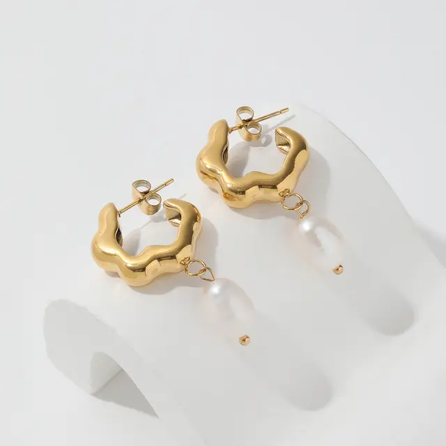 Fashion 18K Gold Plated Tarnish Free Flower Shape Natural Freshwater Pearl Drop Earrings Stainless Steel Jewelry for Women