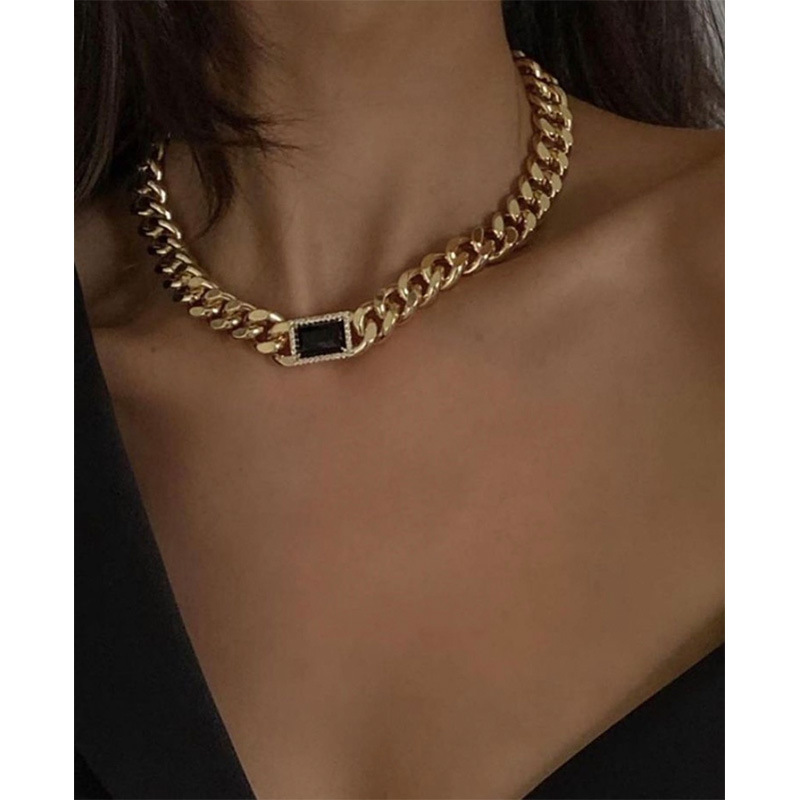 Fashion Jewelry Elegant Brass Gold Plated Cubic Zircon Black Rectangle Stone Cuban Chain Necklace