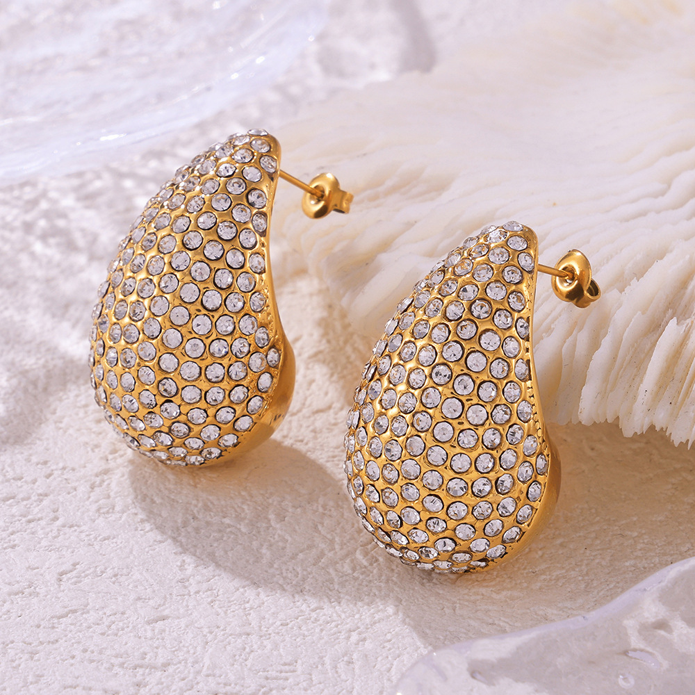 Hot Selling Tarnish Free 18k PVD Gold Plated Waterdrop Earring Elegant Stainless Steel CZ Water Drop Stud Earrings for Women
