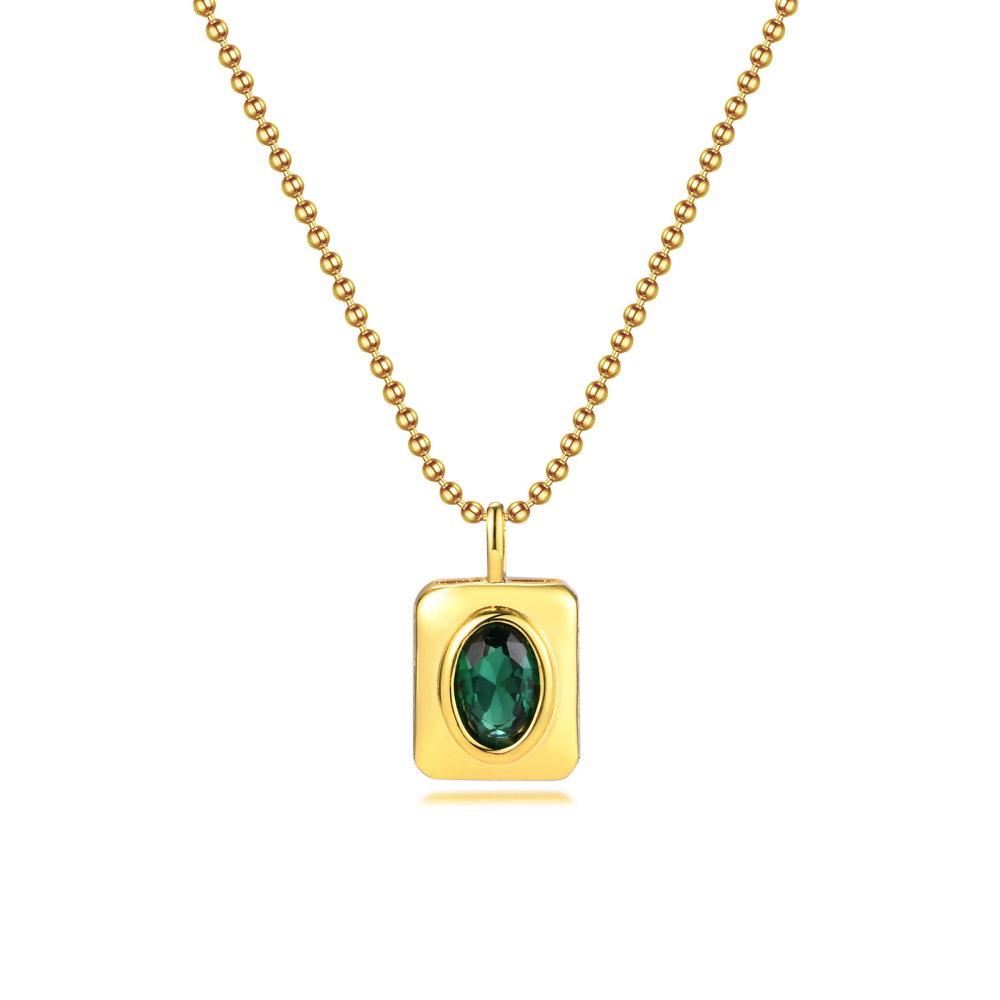 Trendy 18K Gold Plated Stainless Steel Tiny Green Stone Square Pendant Necklace for Women