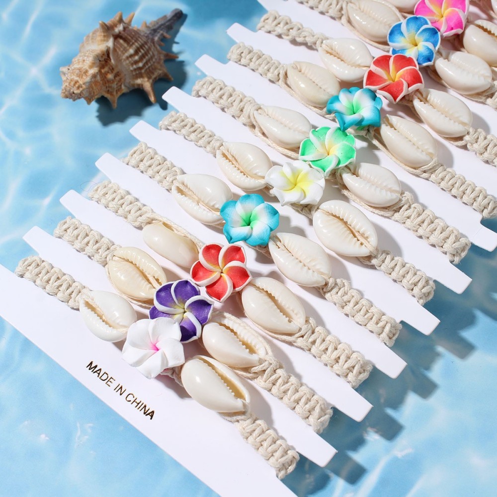 Hot Selling Bohemia Beach Vacation Style Jewelry Wholesale Colorful Soft Clay Plumeria Flower Rope Bracelets Set for Women