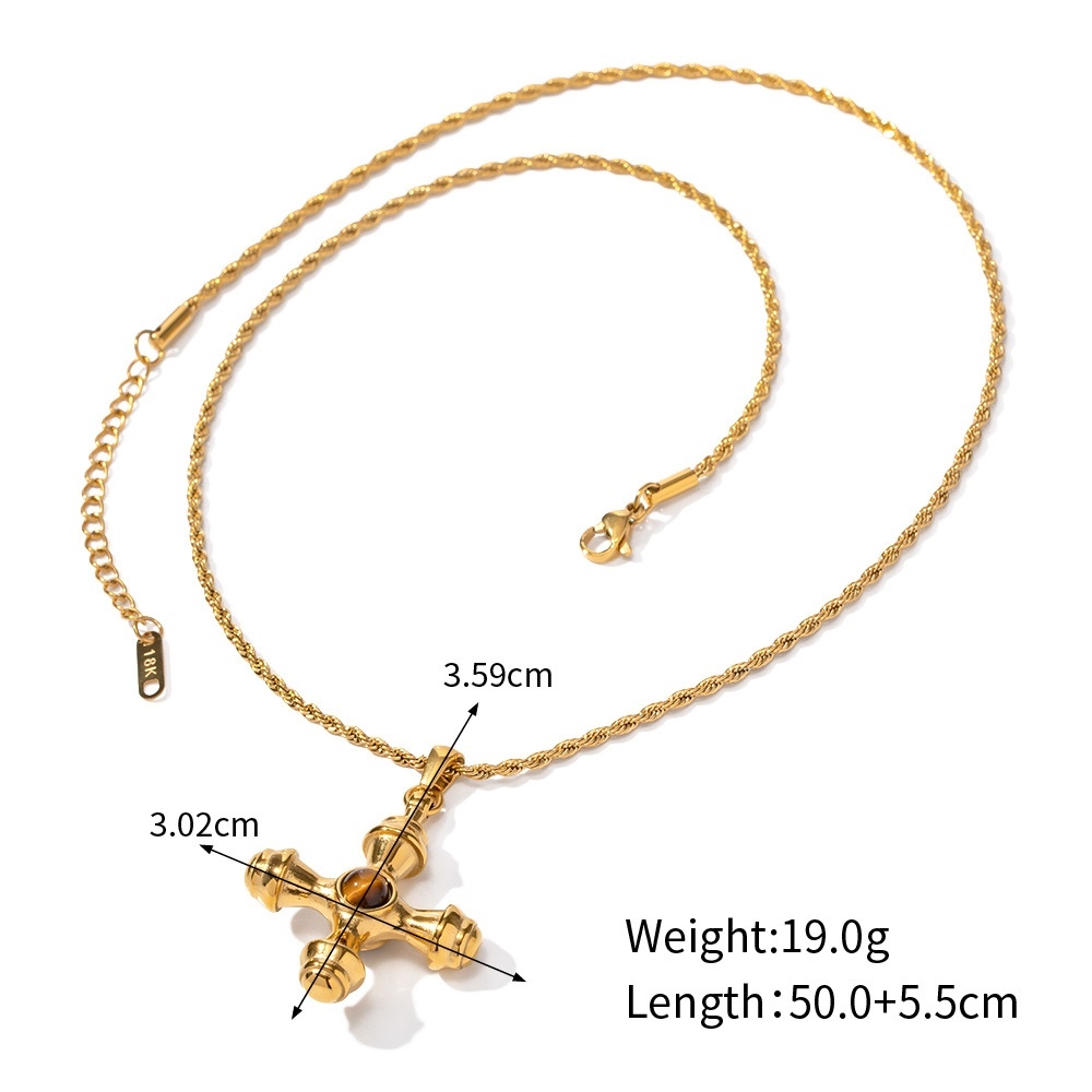 Hot Sale Waterproof 18K Gold Plated Tiger Eye Stone Green Agate Cross Pendant Necklace Stainless Steel Hiphop Jewelry Wholesale