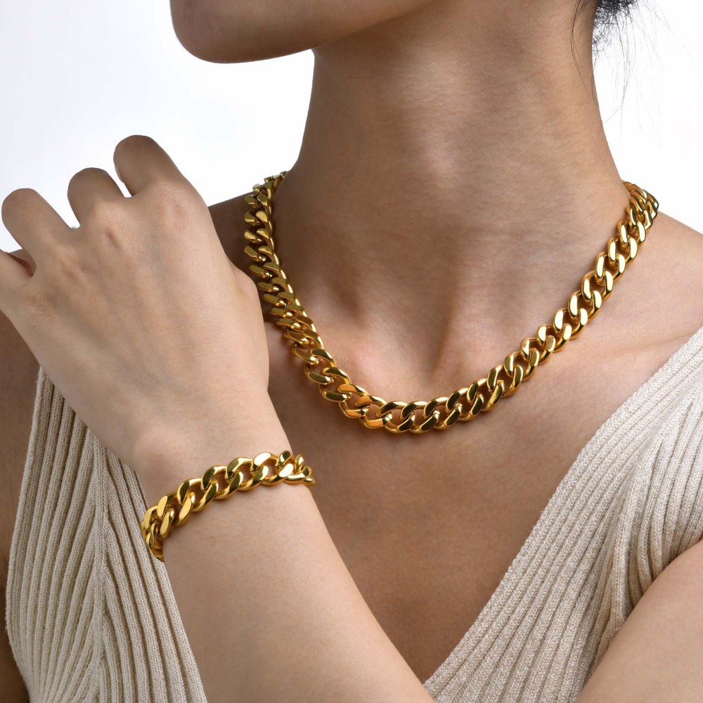 IVIAPRO Fashion Jewelry Tarnish Free Stainless Steel PVD Gold Plated Chunky Statement Cuban Chain Necklace Bracelet for Women