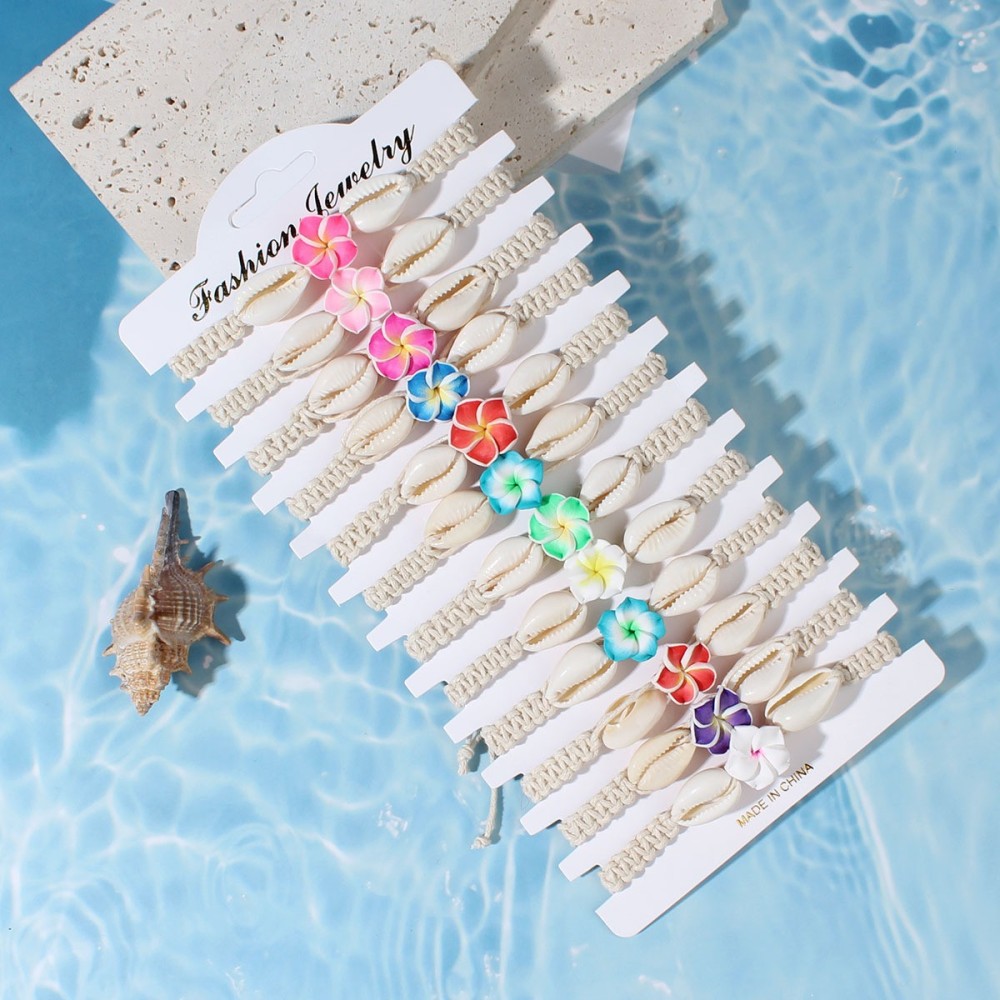Hot Selling Bohemia Beach Vacation Style Jewelry Wholesale Colorful Soft Clay Plumeria Flower Rope Bracelets Set for Women