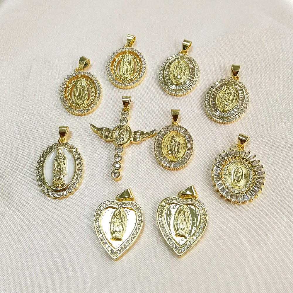 IVIAPRO Hot Selling Fashion Gold Plated CZ Pendant Charms DIY Religion Virgin Mary Pendants for Jewelry Making
