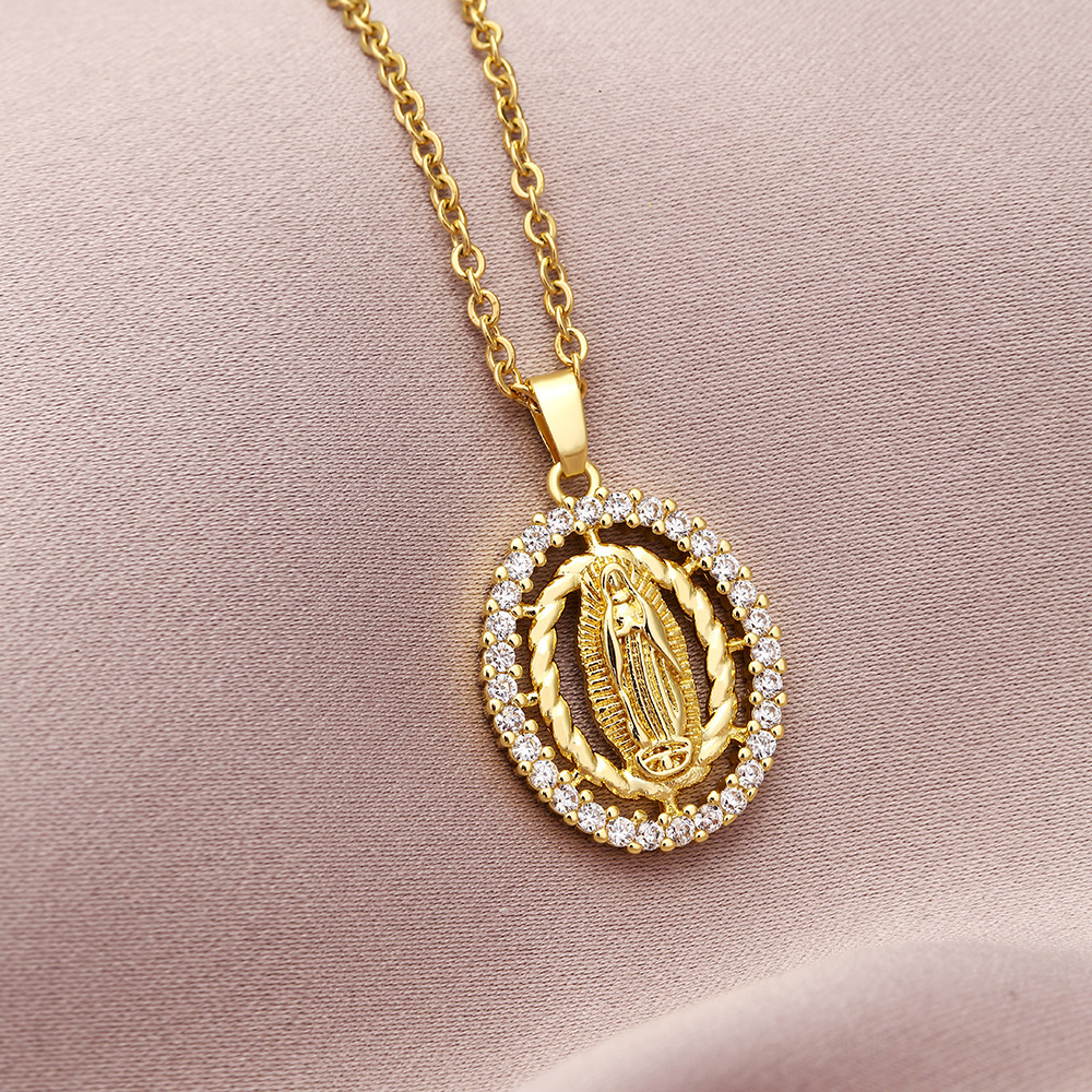 Hot Selling Religious Jewelry 18K Gold Plated Cubic Zirconia Virgin Mary Pendant Necklace Hip Hop CZ Virgin Mary Necklace
