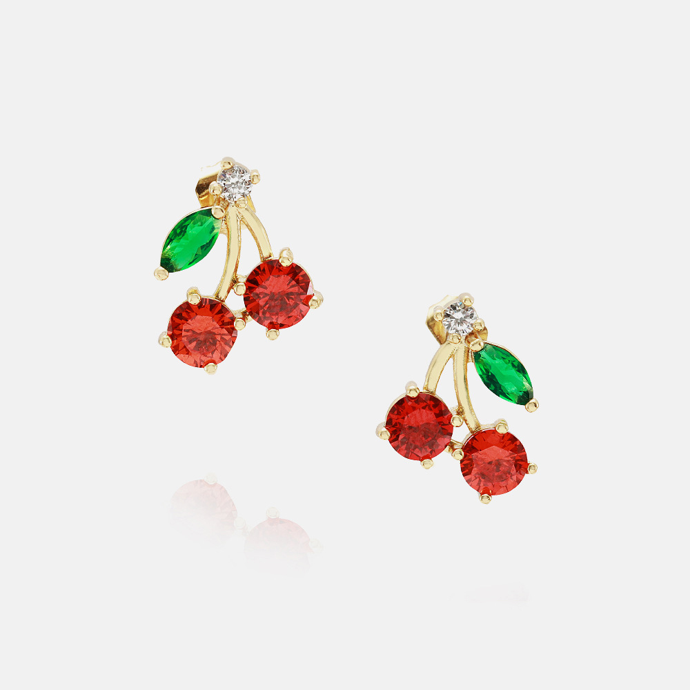 IVIAPRO Fashion Jewelry Sweet Fruit Earring 18K Gold Plated Cute Cubic Zircon Cherry Stud Earrings for Girls