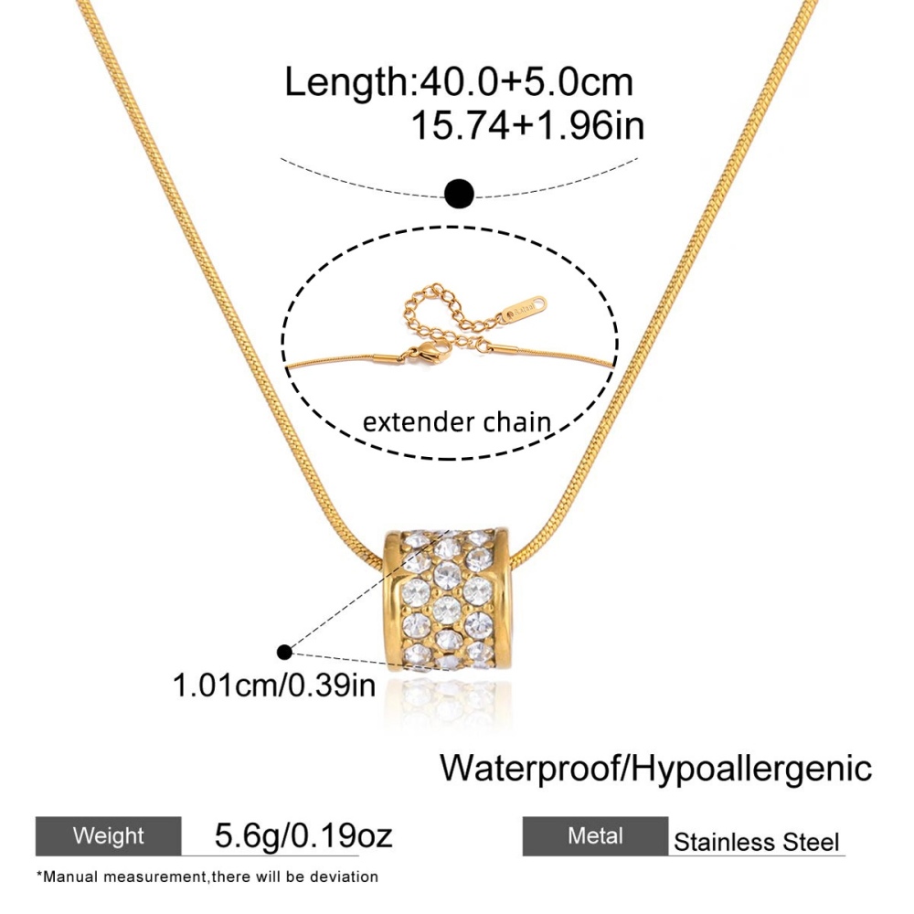 18K Gold Plated Stainless Steel Classic Rhinestone Studded Spacer Beads Rotating Pendant Necklace