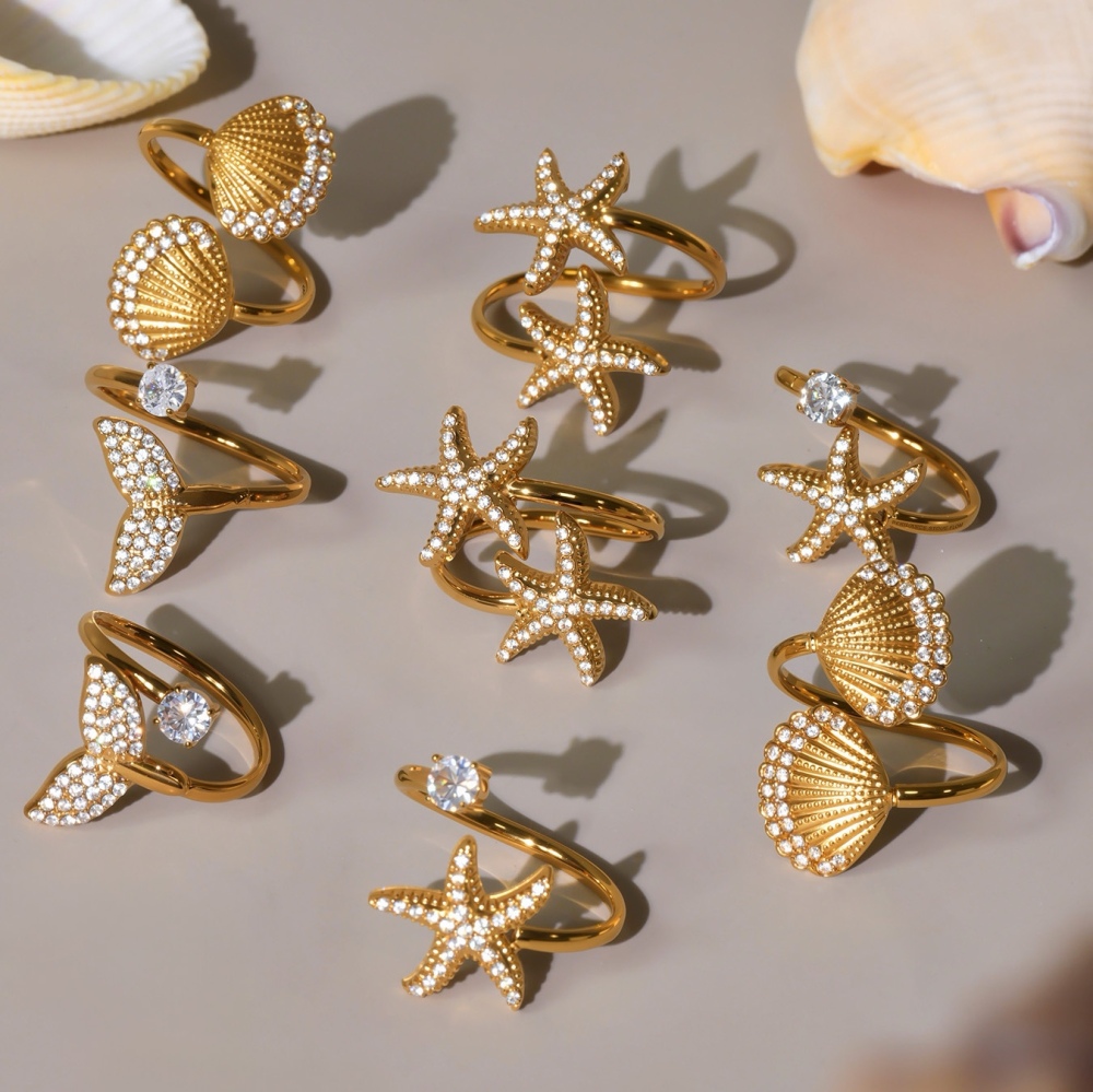 Hot Ocean Beach Vacation Style 18K Gold Plated Zirconia Starfish Shell Fish Tail Open Rings for Women Stainless Steel Jewelry