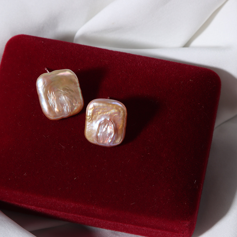 New Arrival Trendy 18k Gold Plated Square Shaped Natural Freshwater Baroque Pearl Stud Earrings