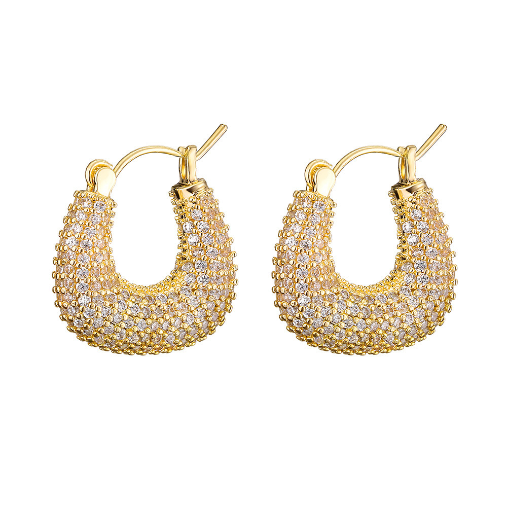 Wholesale Fashion Gold Plated U Shaped CZ Hoop Earrings Chunky Brass Trendy Zircon Earrings for Women's Party