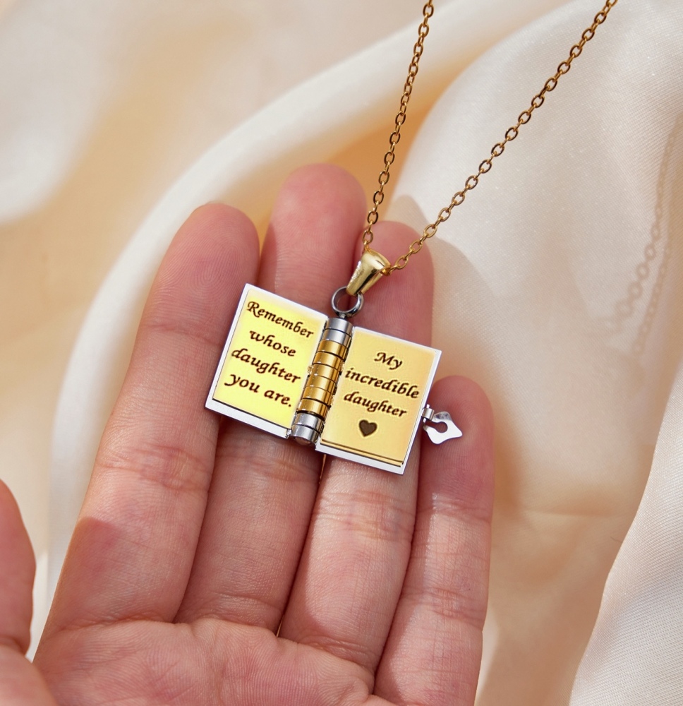 New Design Hot Seller Stainless Steel Non-tarnish Letters Customized Engraving Book Shaped Pendant Necklace for Gift